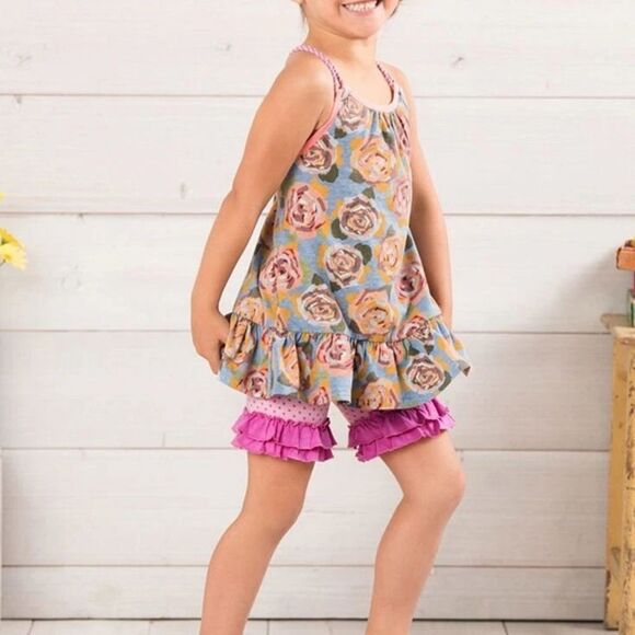 Matilda Jane Twister Tank Gray Blue Floral Roses Ruffle Tunic Top Size 10 - Picture 2 of 9